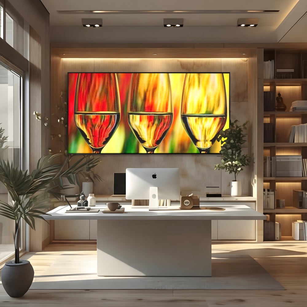 Tablou canvas cu pictura abstracta cu trei pahare de vin, in rama de aluminiu negru, pe perete intr-un birou